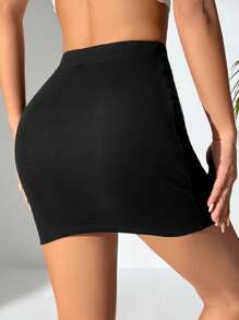 SHEIN PETITE Women's Solid Color Bodycon Skirt - Black - View 2