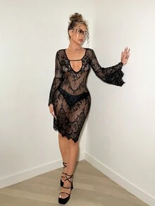 SHEIN ICON 空心花邊透視小喇叭袖y2k黑色連衣裙 - 黑色 - 查看 6