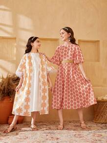 SHEIN Leap Crew Teen Girl's Jacquard Floral Printed Trumpet Sleeve Dress With Gold Waistband Decor And Embroidery - Orange - View 1