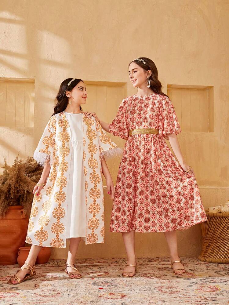 Teen Girl's Jacquard Floral Printed Trumpet Sleeve Dress With Gold Waistband Decor And Embroidery