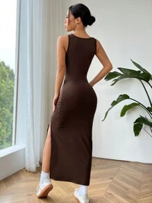 SHEIN EZwear Của phụ nữ Màu thuần Khe Thon gọn Váy ba lỗ - màu nâu - Xem 2