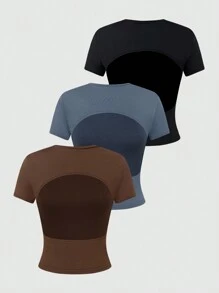 SHEIN Privé 女士簡約無背心、彈性短袖t恤,二件套裝 - 彩色 - 查看 1