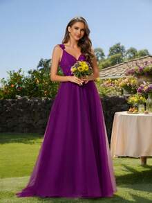 EVERPRETTY Backless Appliques Contrast Lace & Mesh Wedding Dress - Purple - View 4
