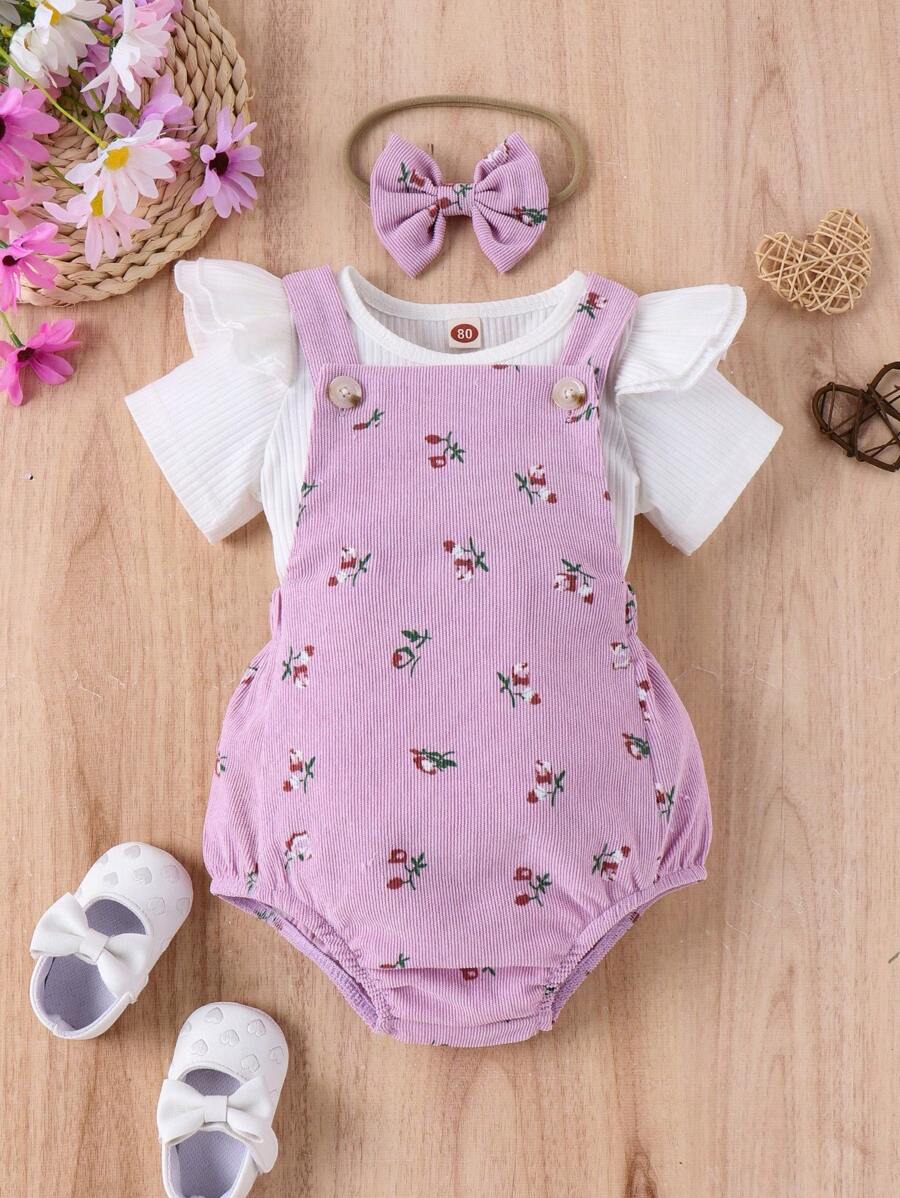 Baby Girl Ruffle Hem T-Shirt And Floral Overalls Set - Multicolor - View 1