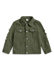 SHEIN Young Boys' Distressed Button Front Denim Jacket - Army Green - View 4