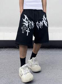 Manfinity EMRG 男款字母與十字印花牛仔短褲 - 黑色 - 查看 4