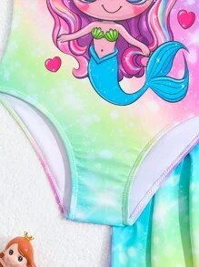 Young Girls' Cartoon Mermaid Pattern Sleeveless One-Piece Swimsuit With Cover-Up Skirt