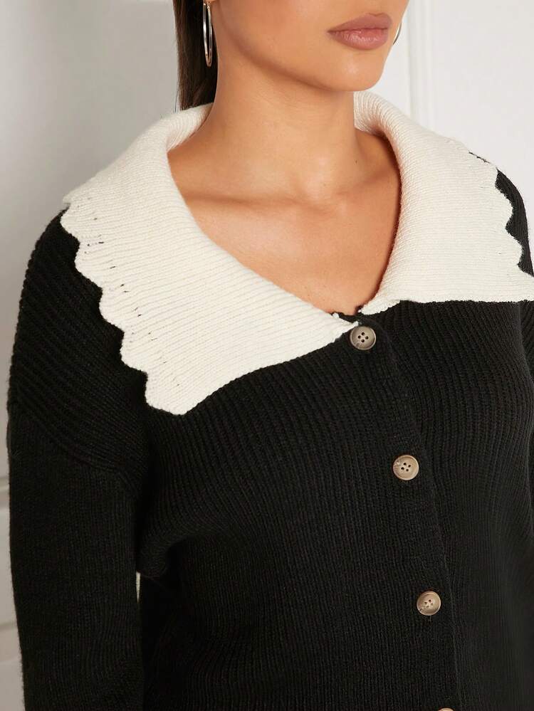 Casual Minimalist Contrast Color Collar Button Down Cardigan
