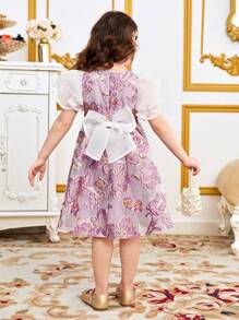 SHEIN Lässiges Rundhals-kleid Für Junge Mädchen Mit Durchsichtigen Ärmeln, Großer Schleifendekoration Und Jacquard-muster - Violett - Übersicht 6