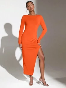 SHEIN BAE Vestido Sencillo De Color Liso Con Espalda Descubierta Y Dobladillo Dividido - Naranja - Ver 5