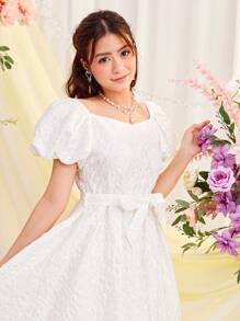 SHEIN 少女甜心領蓬松袖紋理提花裙,配腰帶 - 白色 - 查看 3