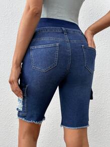 SHEIN Maternity Adjustable Waist Ripped Cargo Denim Shorts - Dark Wash - View 2