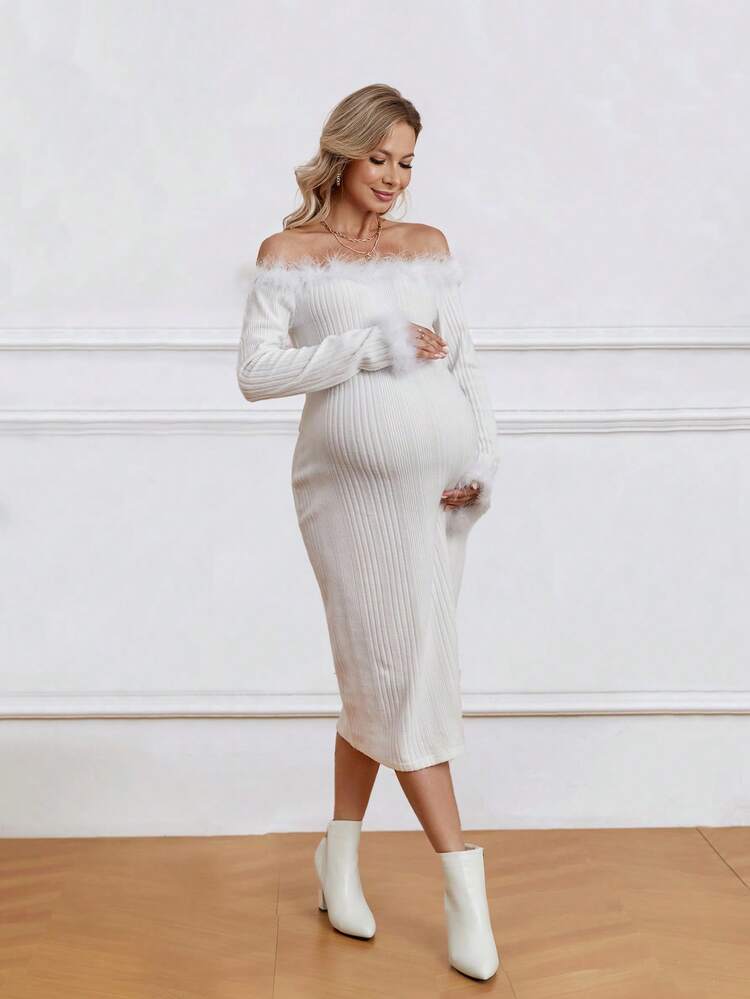 Maternity Off Shoulder Patchwork Furry Dress