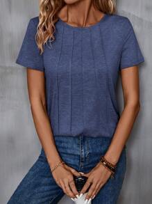 EMERY ROSE Pleated Regular Shoulder Short Sleeve T-Shirt - Navy Blue - View 3