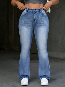 SHEIN EZwear Calça Jeans Elástica Azul Com Estampa Para Tamanhos Grandes, Boca De Sino Para Férias Na Praia E Uso Casual