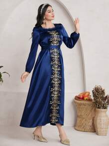 Al Najma Women's Embroidery Detail Patchwork Dress, Modest - Royal Blue - View 8