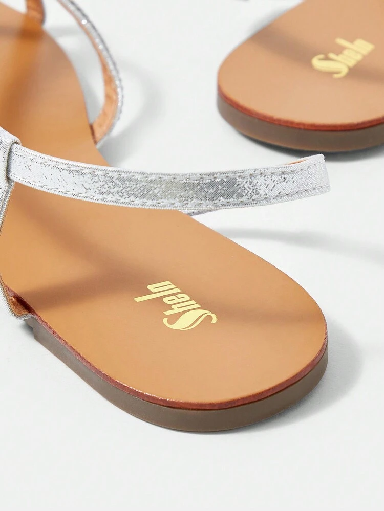 Flat Round Toe Rhinestone Decor Party Sandals With Ankle Strap For Women'S Holiday Look