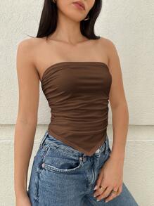SHEIN Essnce 純色褶皺不對稱下擺無肩帶上衣 - 卡其色 - 查看 6