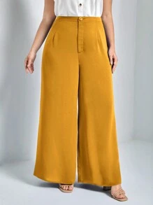 SHEIN Essnce Plus Size Solid Color Wide Leg Casual Pants - Yellow - View 4