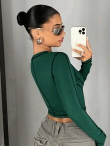 SHEIN ICON 女式圓領長袖t恤 - 墨綠色 - 查看 2