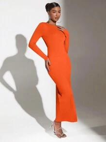 SHEIN BAE Vestido Sencillo De Color Liso Con Espalda Descubierta Y Dobladillo Dividido - Naranja - Ver 6