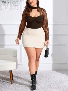 SHEIN Privé 大尺寸優雅蕾絲板塊中空镂空前開襟長袖上衣 - 棕色 - 查看 5