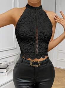 SHEIN Privé Women's Halter Neck Off Shoulder Solid Color Backless Casual Fashion Tank Top - Black - View 4