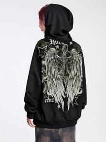 Grunge Punk Của phụ nữ Áo nỉ có mũ Với Trở lại Cánh Và Đầy sao Cây nho Mẫu In hoa - màu đen - Xem 5