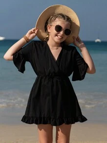 Tween女孩黑色V領A字型束腰遮覆