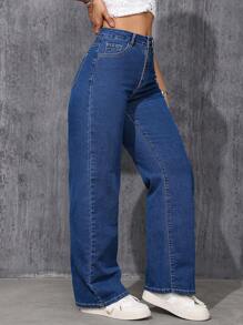 SHEIN ICON Women's Mid-Rise Straight Leg Denim Jeans - Dark Wash - View 3