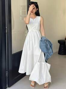 DAZY Women's Solid Color Round-Neck Sleeveless Dress Sundress - White - View 3
