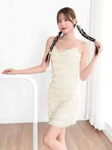 SHEINNeu Summer Dress Balletcore Bow Ruffle Lace Trim Light Yellow Ruffle Cami Dress Birthday Women Outfits - Yellow - View 4