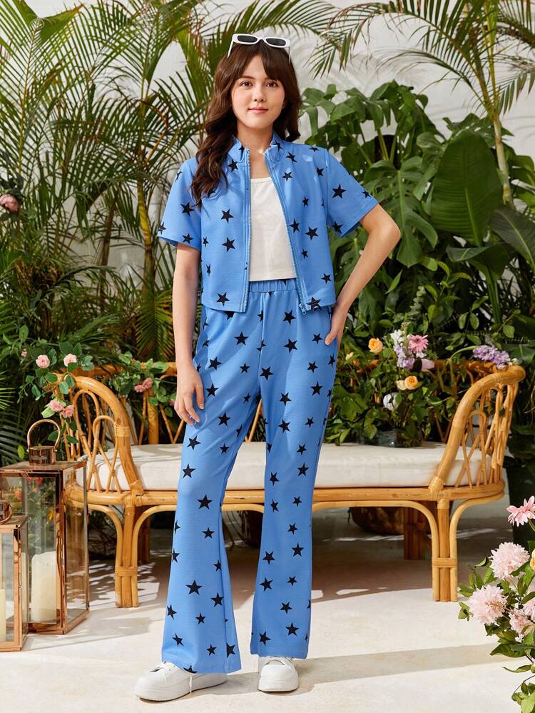 Teen Girls' Elegant Star Print Stand Collar T-Shirt And Flared Pants Set
