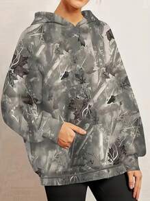 EMERY ROSE Women's Maple Leaf Printed Hoodie Sweatshirt - Dark Grey - View 3