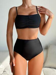 SHEIN Swim Damen Rüschen Neckholder Badeanzug Set für den Sommer - Schwarz - Übersicht 3