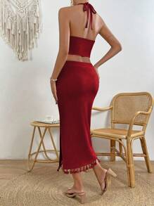 Breezaya Ladies' Fringed Hem Halter Neck Split Skirt Two-Piece Set - Red - View 2