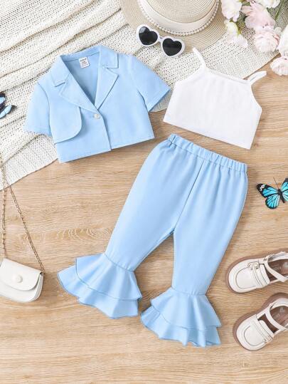 SHEIN Baby Girl Casual Solid Color Short Sleeve Blouse With Notched Collar, Flare Pants And Camisole Vest Outfits For Summer