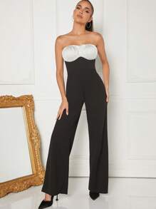Hauture Colorblock Ruched Tube Jumpsuit - Black and White - View 3