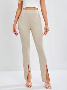 SHEIN Tall Pantalones Largos Con Cintura Alta Y Abertura En El Dobladillo - Caqui - Ver 3