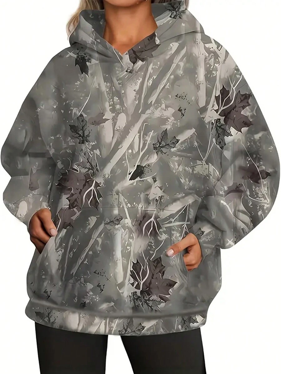 EMERY ROSE Women's Maple Leaf Printed Hoodie Sweatshirt - Dark Grey - View 1