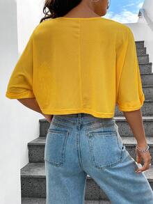 SHEIN Unity 網眼布料短款緊身上衣,採用圓領設計和字母印花 - 黃色 - 查看 2