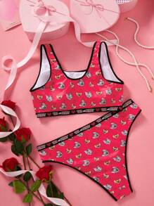 TOM & JERRY X SHEIN Bộ áo ngực và quần lót thoải mái in hình trái tim cỡ lớn - Nhiều màu - Xem 2