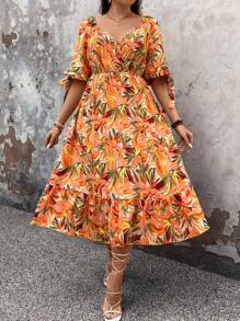 SHEIN Clasi 大码女式植物印花束腰连衣裙 - 彩色 - 查看 3