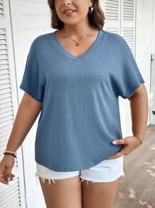 SHEIN LUNE Plus Size Women's Solid Color V-Neck Short Sleeve T-Shirt