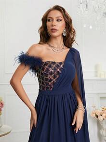 Sequin & Faux Fur Splice Cape Sleeve Chiffon Party Dress - Navy Blue - View 4