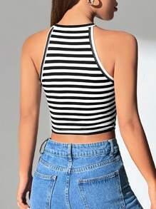 SHEIN PETITE Women's Striped Crop Halter Top - Black and White - View 2