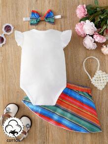 SHEIN Baby Girl 3pcs/Set Casual & Cute Number Printed Bodysuit, Striped Skirt And Hairband For Spring/Summer Outfits