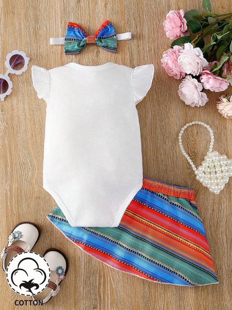 Baby Girl 3pcs/Set Casual & Cute Number Printed Bodysuit, Striped Skirt And Hairband For Spring/Summer Outfits