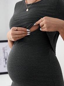 SHEIN Maternity Solid Nursing Tee & Cami Dress - Black - View 4