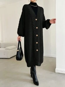 EURMUSE Ladies' Solid Color Lantern Sleeve Cardigan - Black - View 3